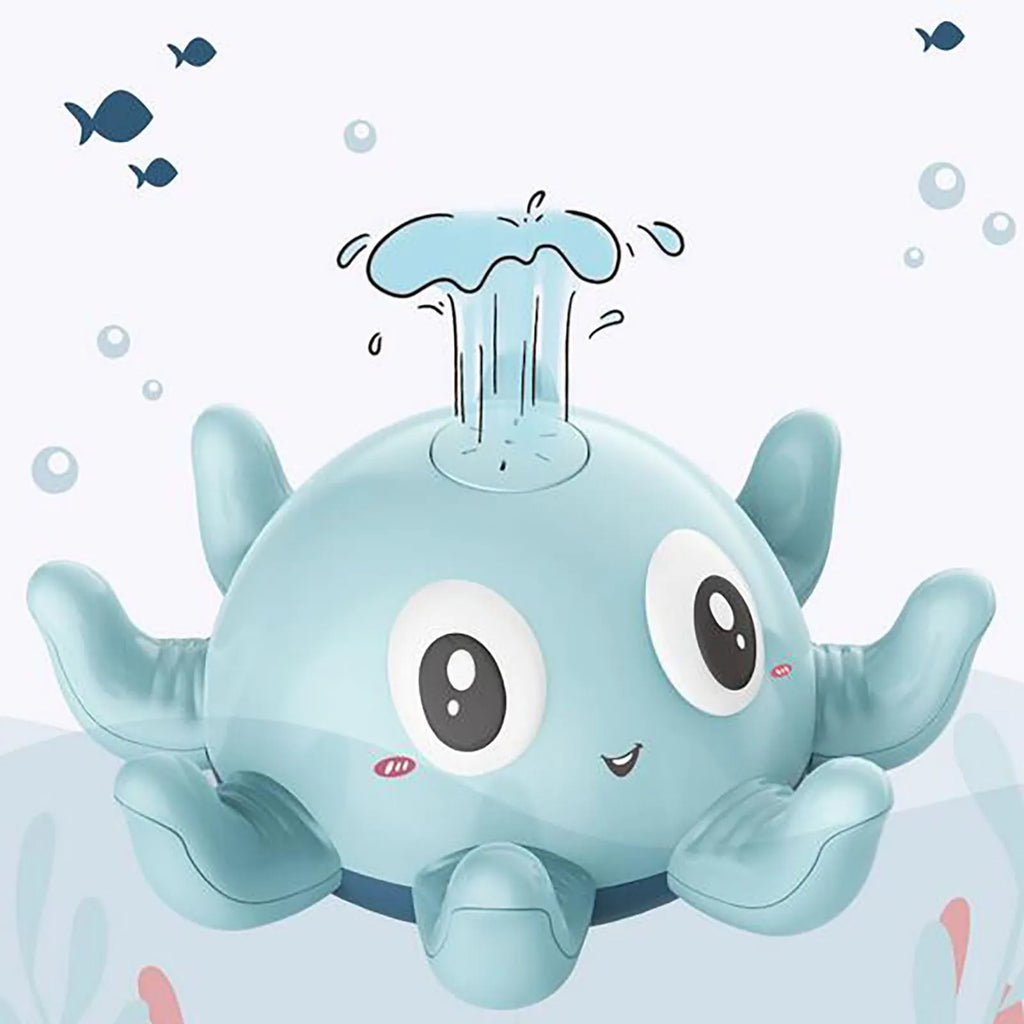 Blue octopus automatic water spray bath toy with flashing lights on a white background