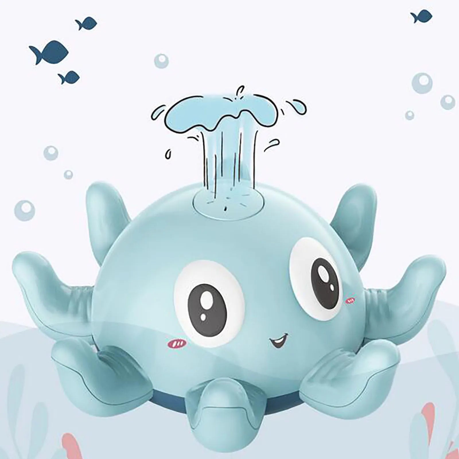 Blue octopus automatic water spray bath toy with flashing lights on a white background
