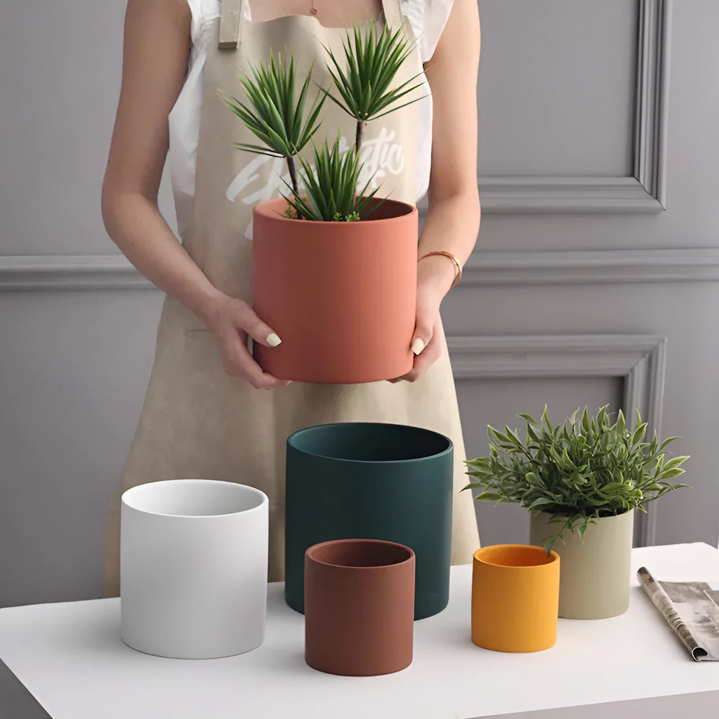 Nordic industrial style ceramic flowerpot with drainage hole in cylindrical shape, available in multiple colours and sizes