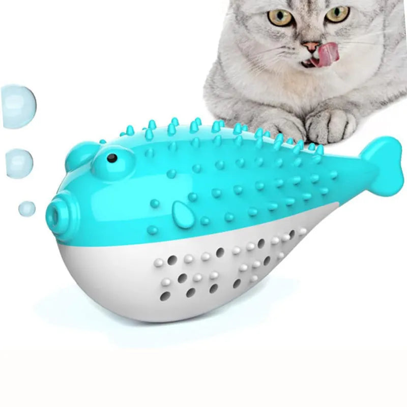 Mint Toys blue silicone fish-shaped cat chew toy with catnip on a white background
