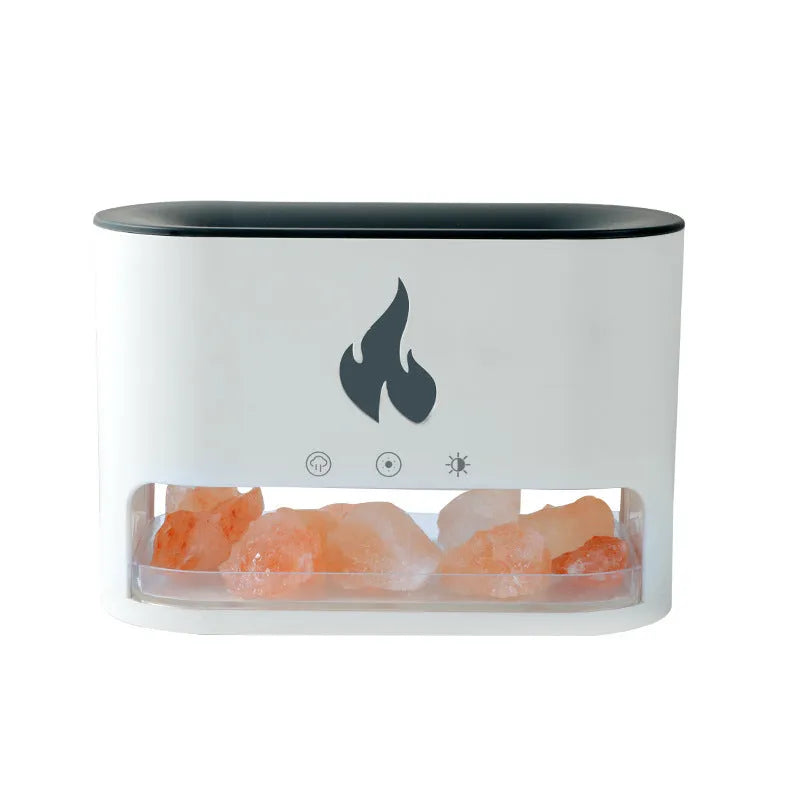 Square white desktop humidifier with a simulated 3D colourful flame light effect and a crystal salt stone.