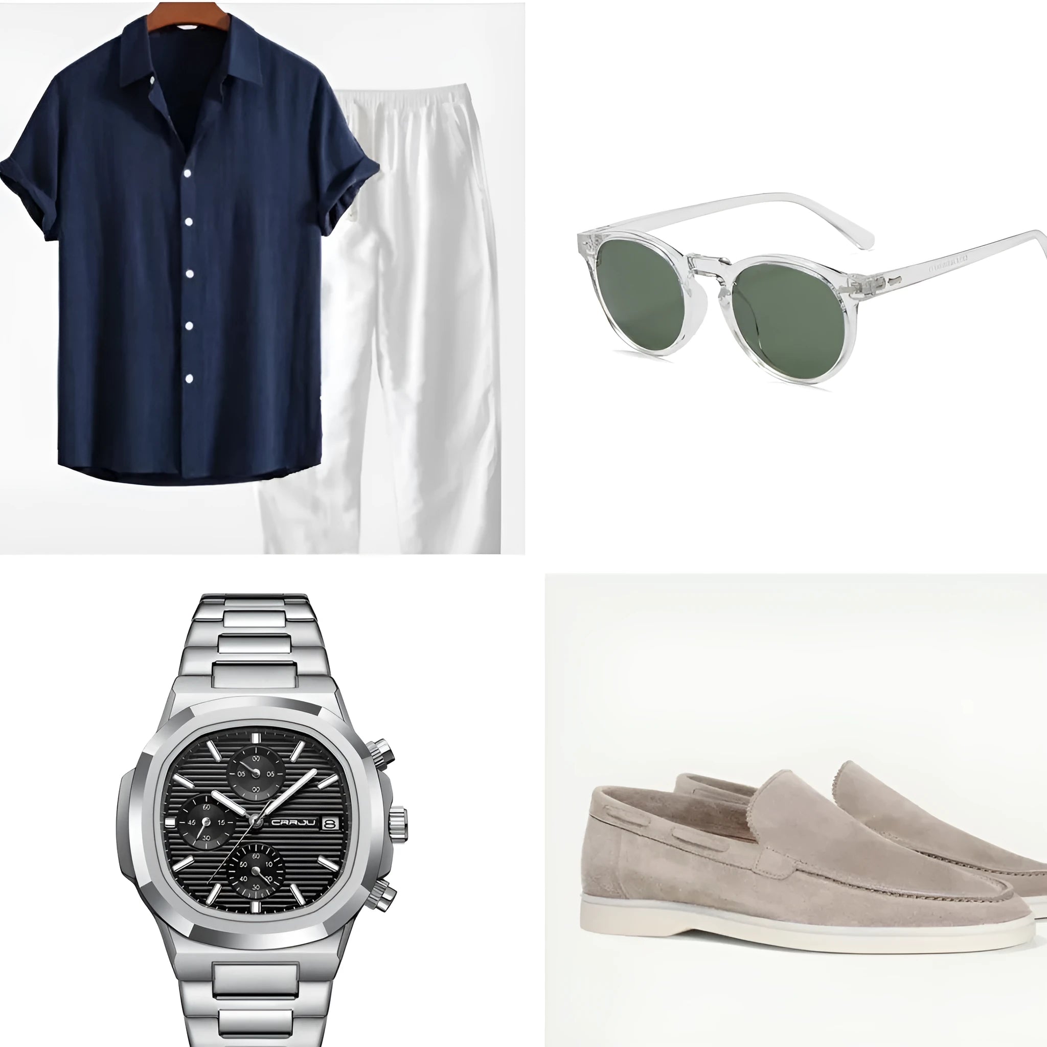 Men's navy blue casual short sleeve cotton linen suit with matching trousers, glasses, shoes, and watch on a hanger.