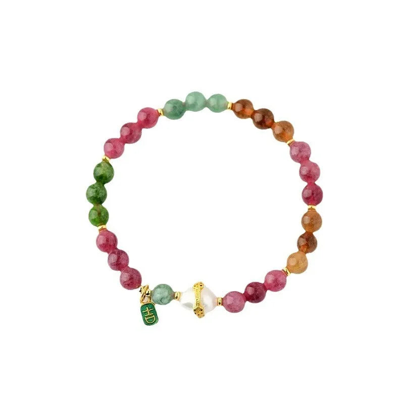 Geometric natural crystal bracelet with tourmaline and chalcedony 6.5mm beads