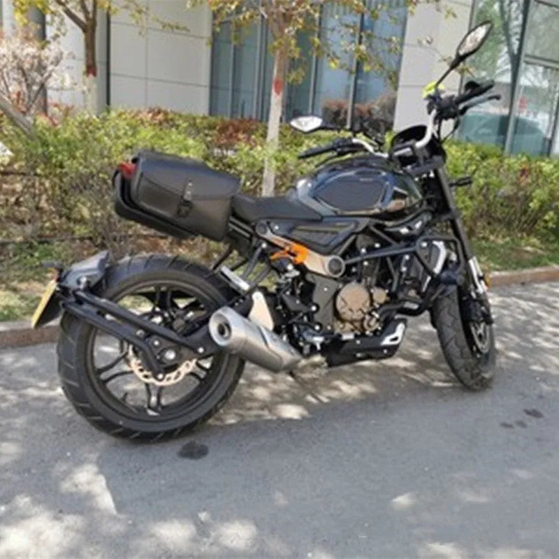 Black PU leather motorcycle swingarm bag mounted on Harley Sportster showing dimensions