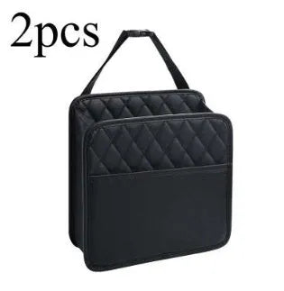 Black leather hanging storage bag and trash can for car interior, showing dimensions of 25cm by 25cm.