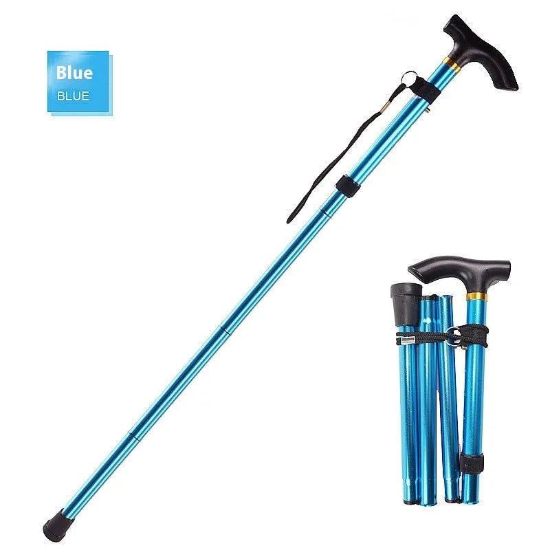 Adjustable aluminium folding cane in multiple colours, shown extended and folded.