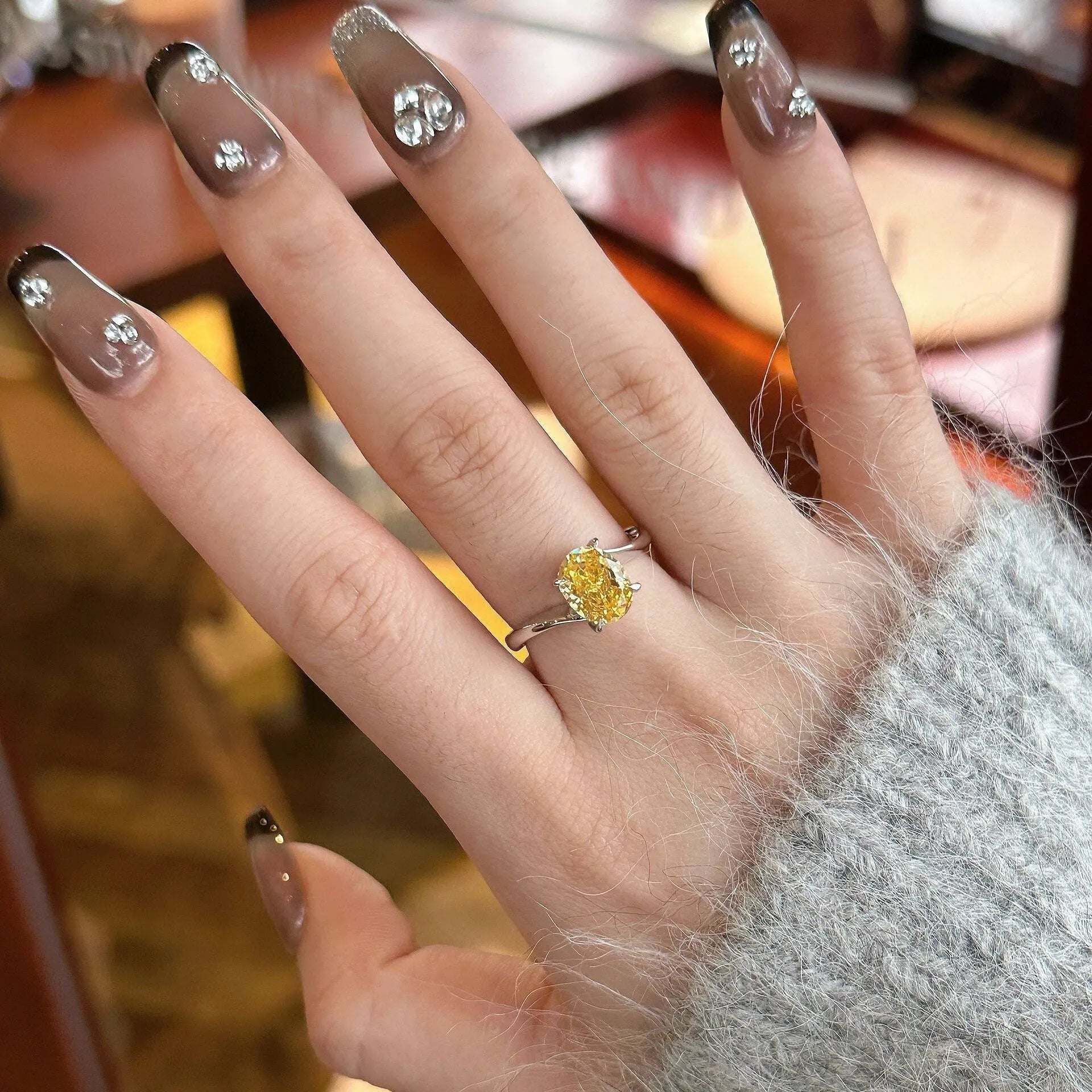 Women's yellow rock sugar crystal ring on copper base with Seiko treatment