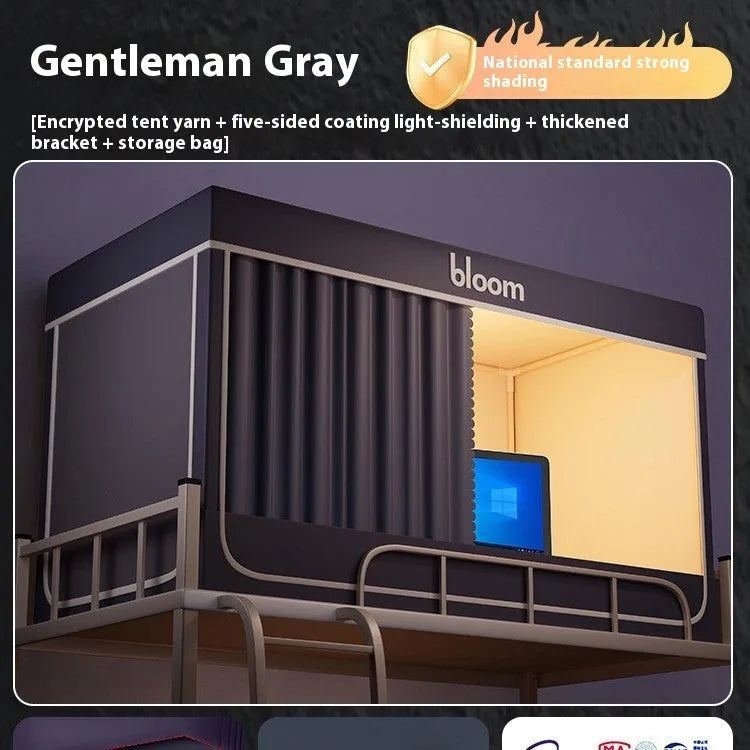Gentleman grey bed curtain with integrated mosquito net for 0.9m beds showing five-side light blocking design