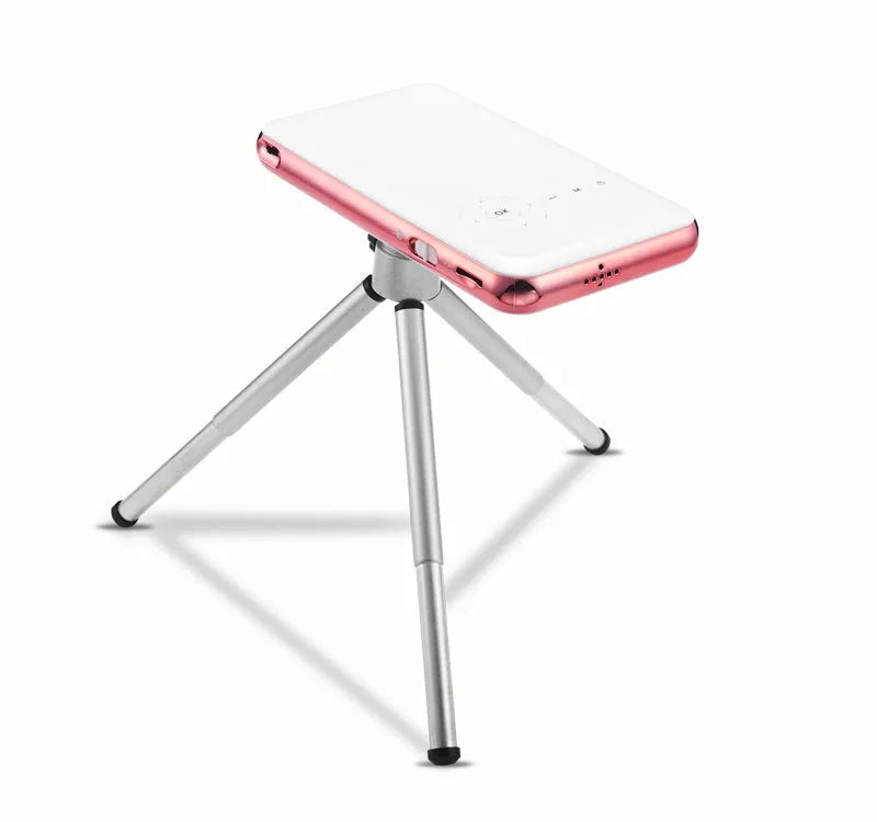 White and rose gold miniature portable DLP Android projector with compact design measuring 145x80mm