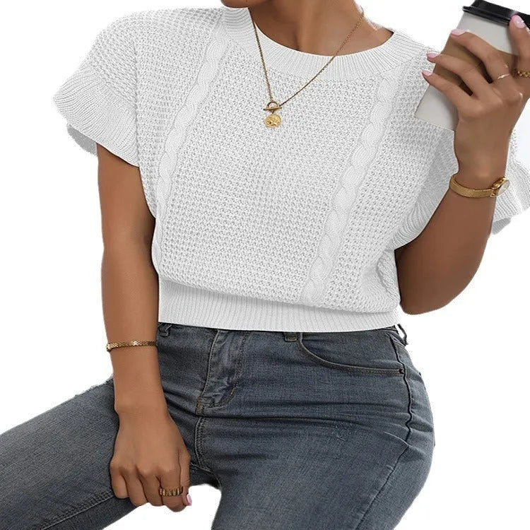 Knitted pullover sweater with twisted string ruffled short sleeves in polyester fabric