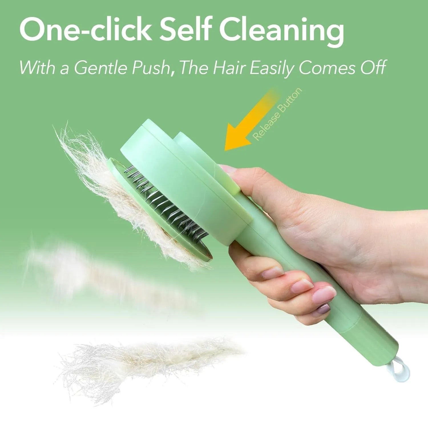 Green and yellow 2-in-1 pet grooming and deshedding brush with curved stainless steel teeth on a white background.