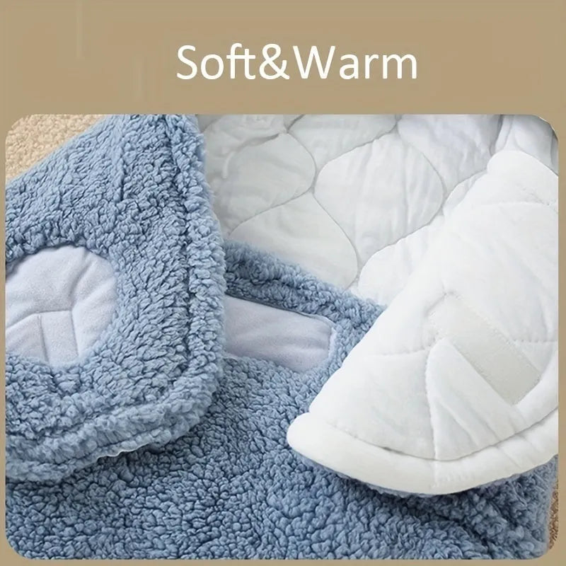 Adjustable baby sleeping bag swaddle blanket showing velcro wings and leg positioner in blue colour