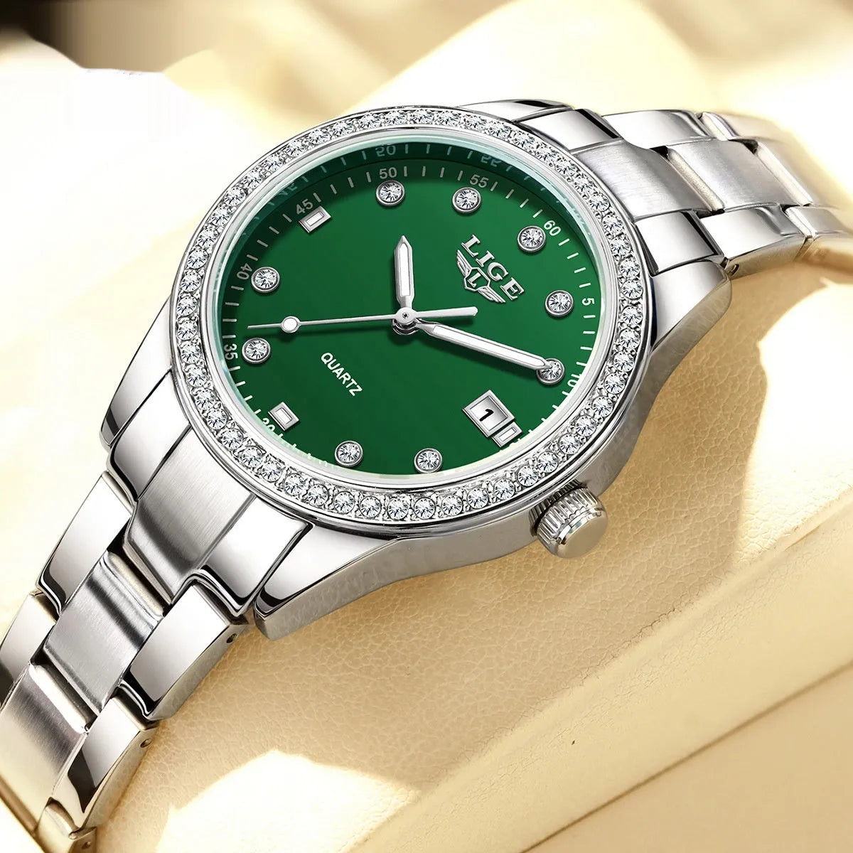 Silver fashion quartz watch with round 34mm dial, diamond markers, and stainless steel case.