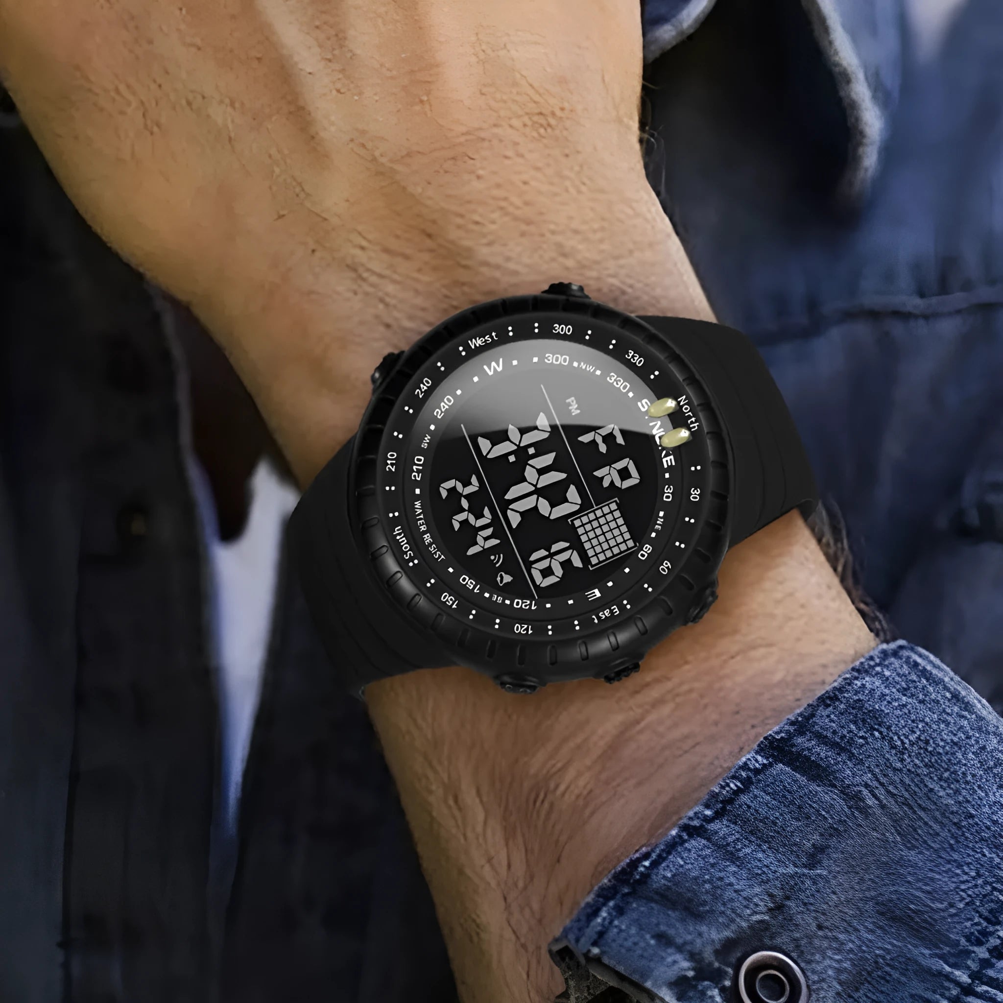 Black digital outdoor watch with large dial and PU strap on a wrist.