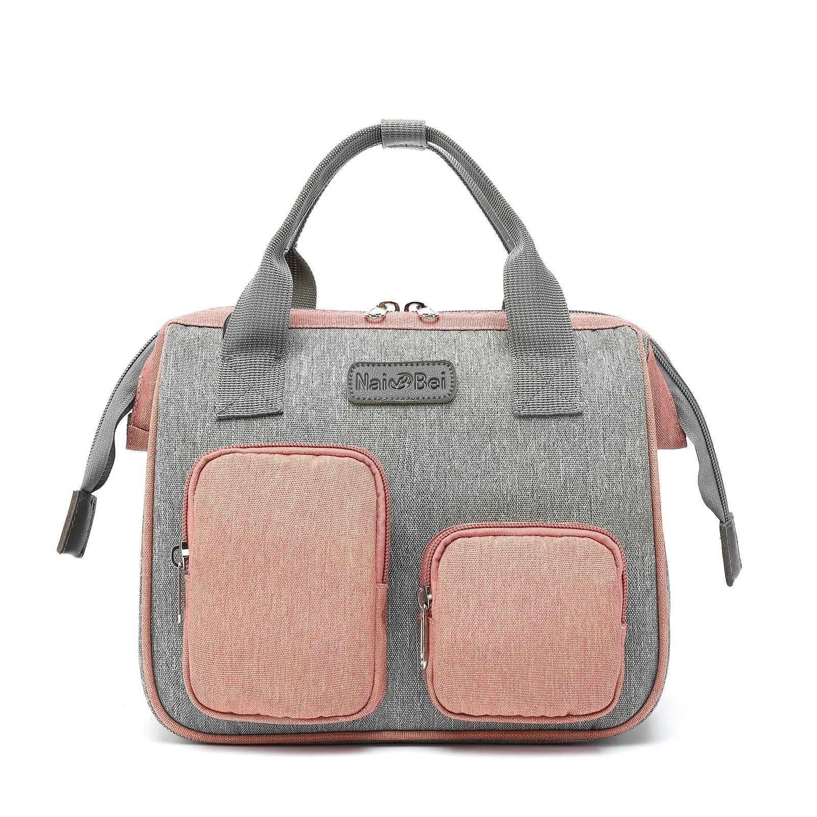 Grey Oxford cloth handbag showing its three-dimensional front pocket and large main compartment.