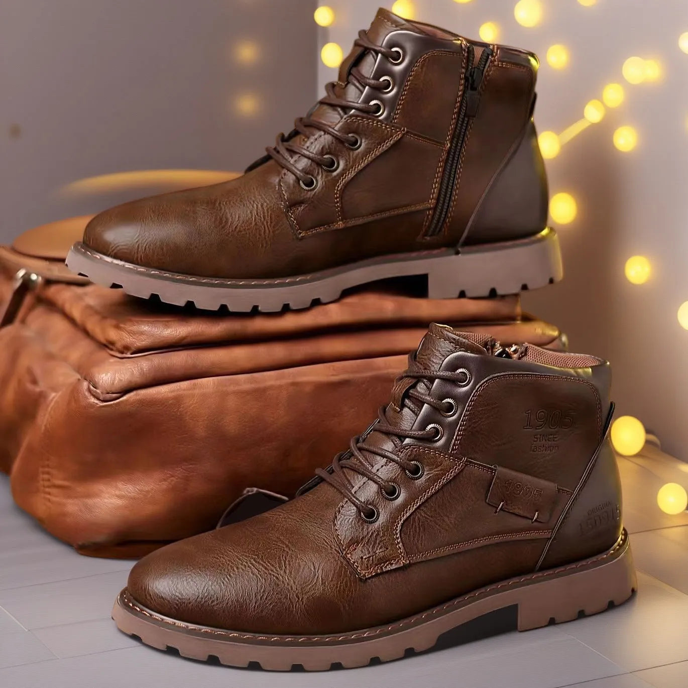 Brown men's ankle boot with a side zip, round toe, and rubber sole on a plain background.