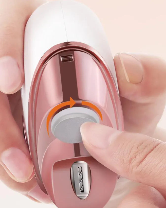 Blue electric nail clipper and polisher with USB Type-C charging port and cleaning brush.