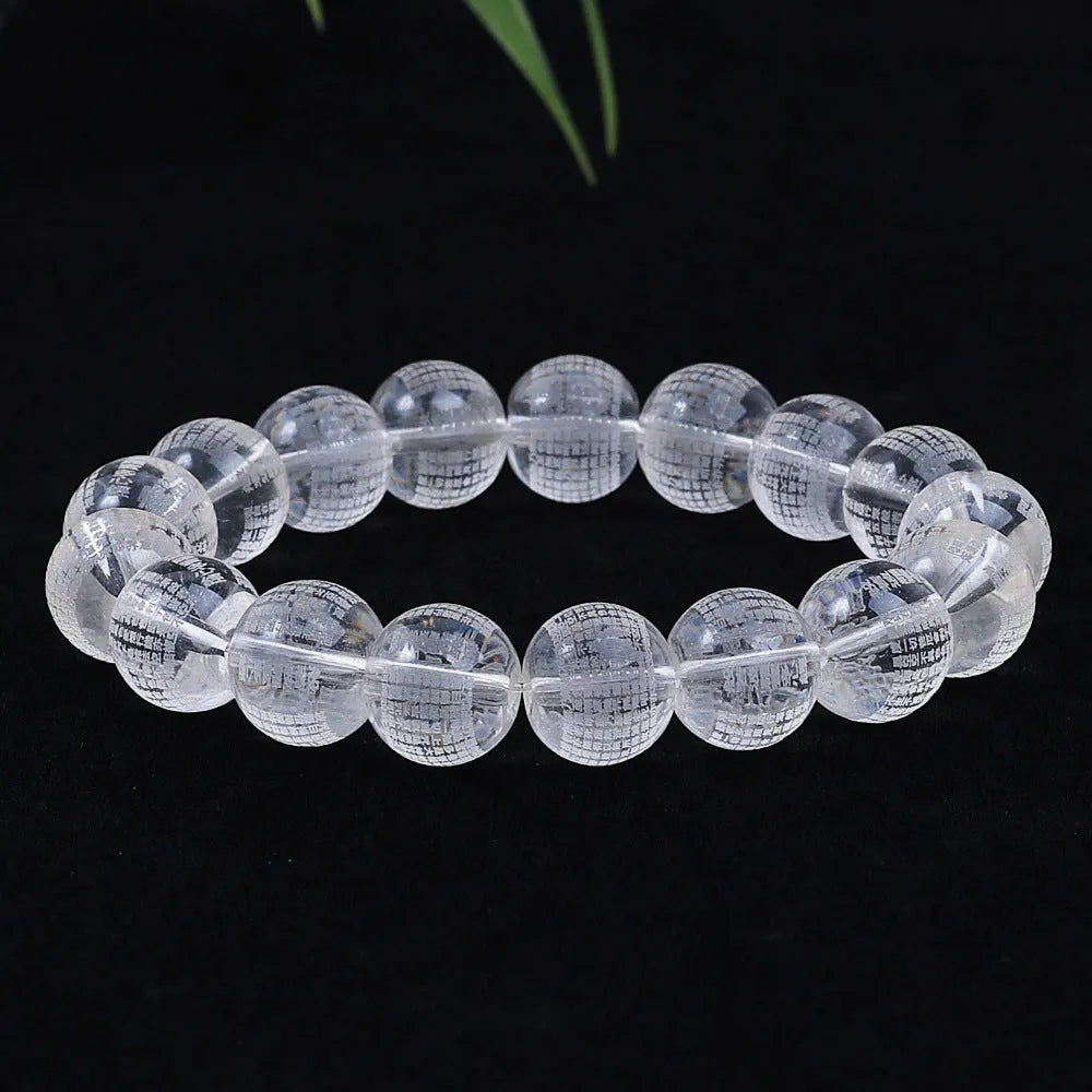 Crystal Heart Sutra prayer beads with engraved Buddhist mantras in three size options