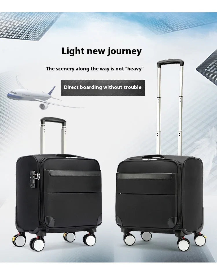 Black 18 inch Oxford cloth business suitcase with telescopic handle and wheels.