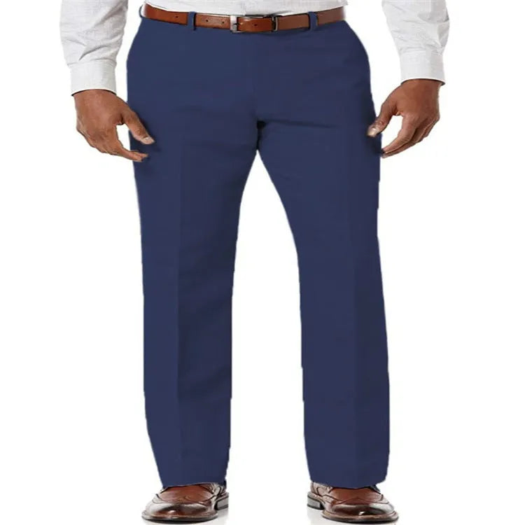 Men's solid colour linen cotton casual trousers with slant pockets laid flat.