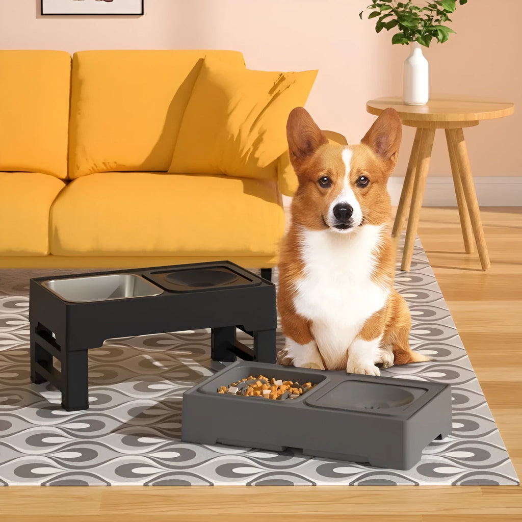Adjustable height dog feeder stand with stainless steel bowls in black or grey