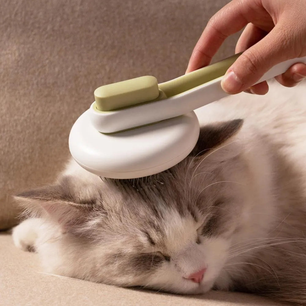 Automatic hair release pet grooming brush with stainless steel teeth in blue, green, or pink colours