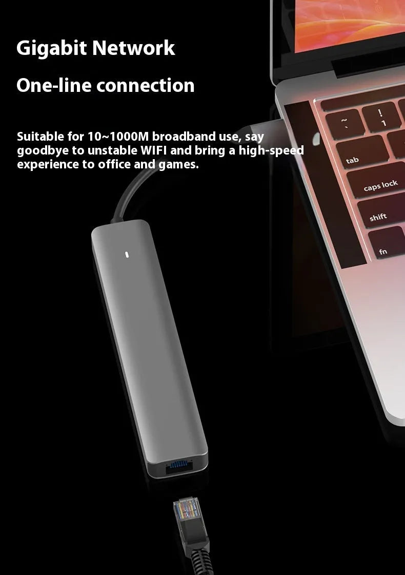 7-in-1 USB C card reader hub with multiple ports and SD card slots on a desk next to a laptop.