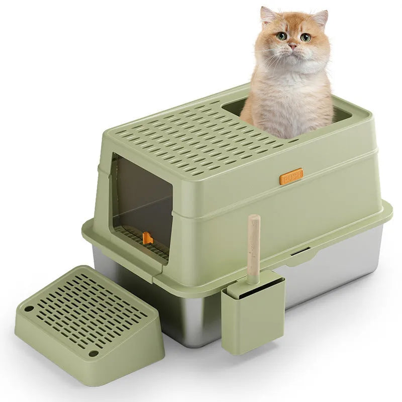 Grey enclosed cat litter box with a front pedal and removable top lid.