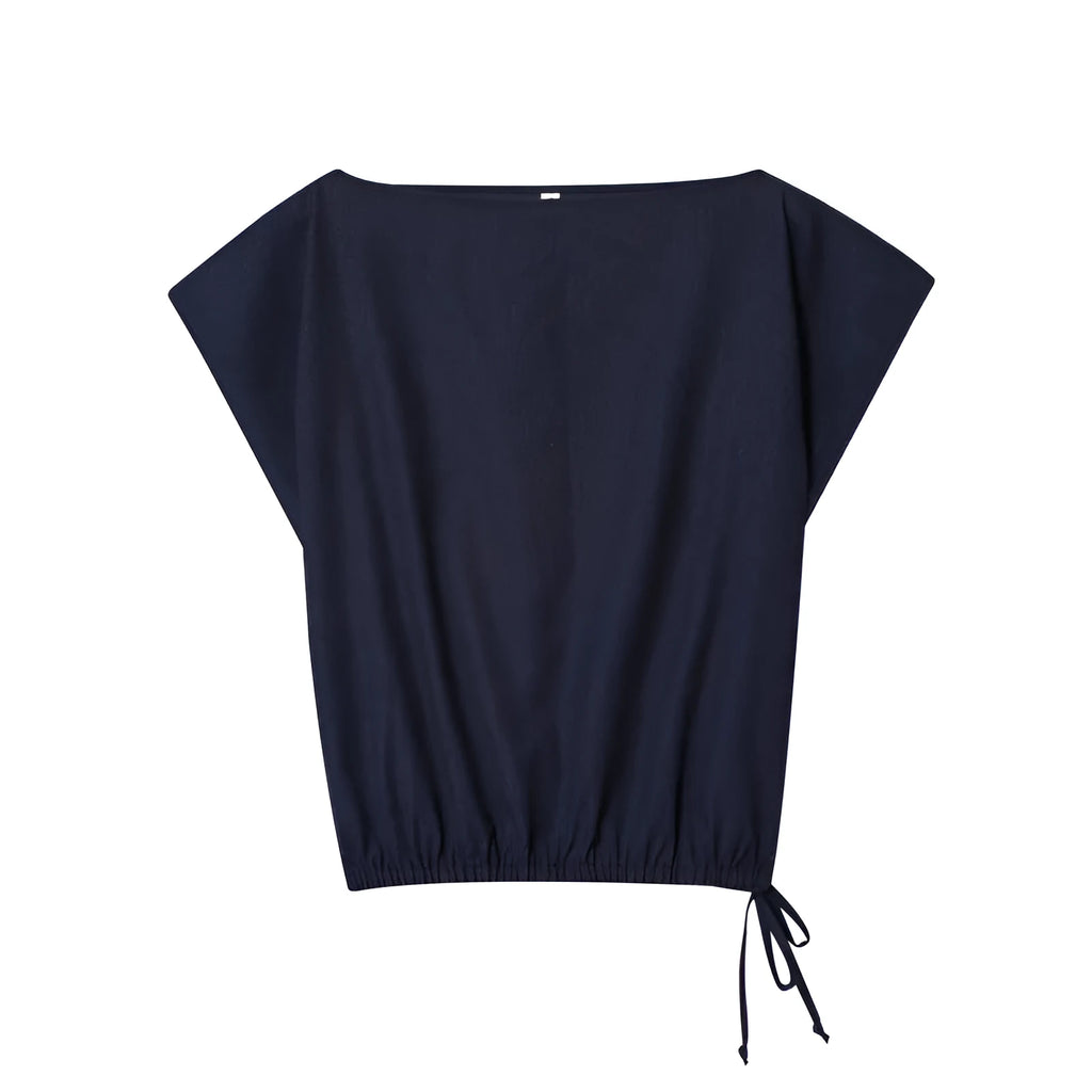 Women's linen-blend co-ord set featuring off-neck blouse with flounced sleeves and wide-leg trousers
