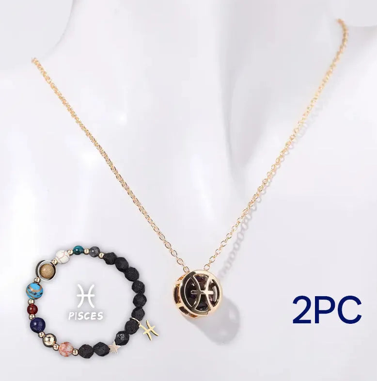 Natural stone beaded necklace and matching bracelet set laid flat, showing various bead colours and styles.