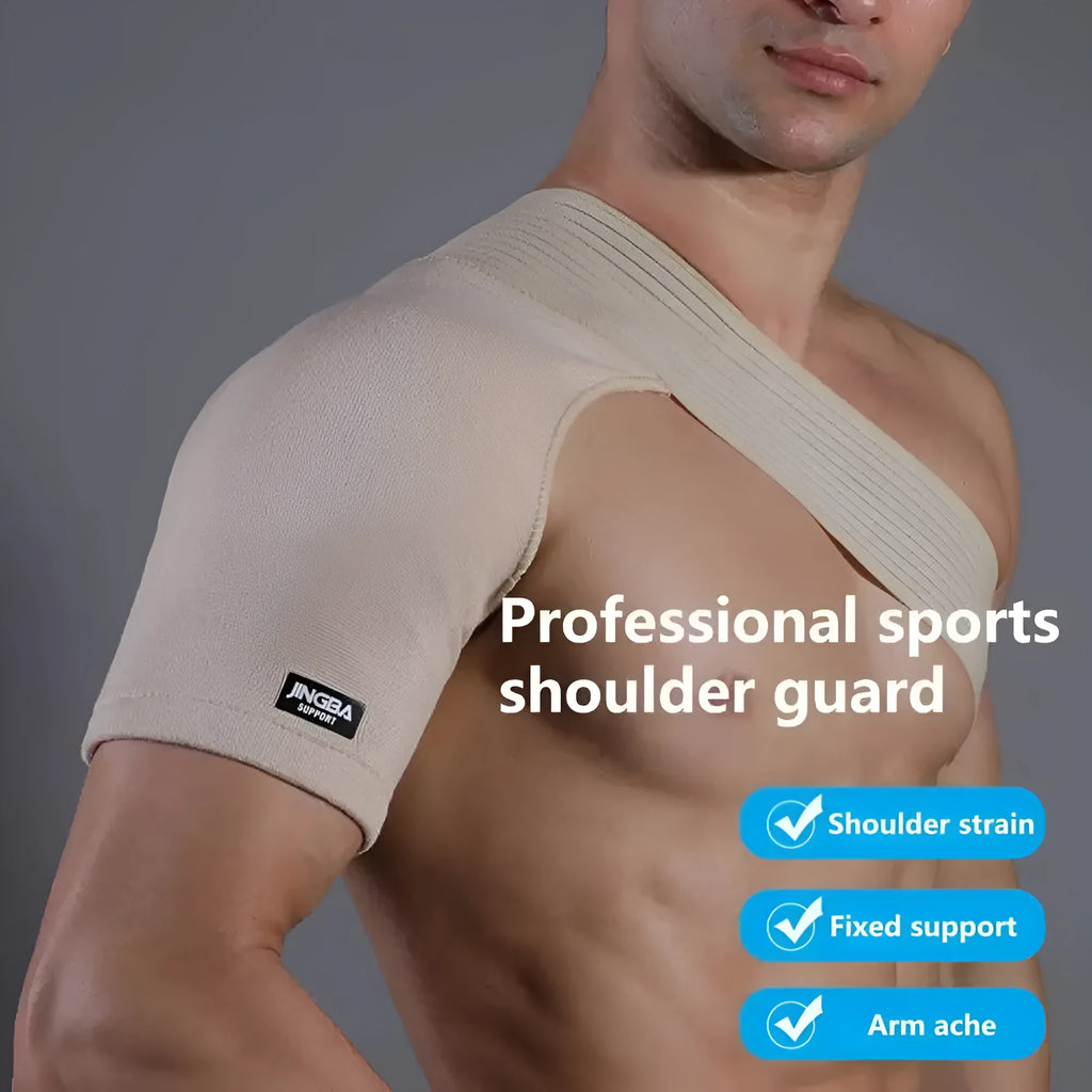 Adjustable skin-colour shoulder support brace with breathable strap for weightlifting and sports.