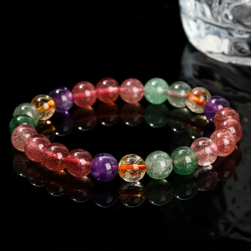 Strawberry quartz and tourmaline gemstone bracelet with round beads in geometry design