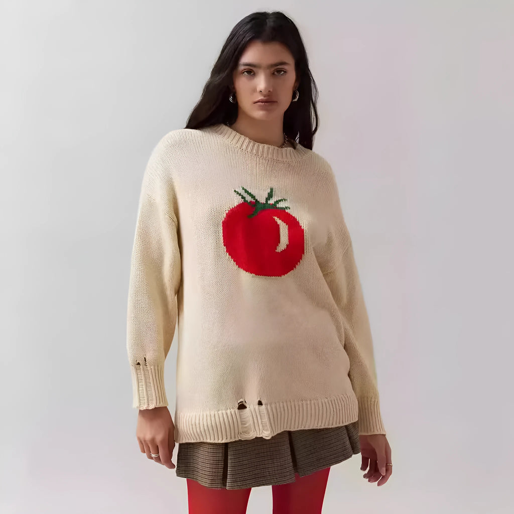 Women's milky white acrylic jacquard knit pullover sweater with a round neck and long sleeves.