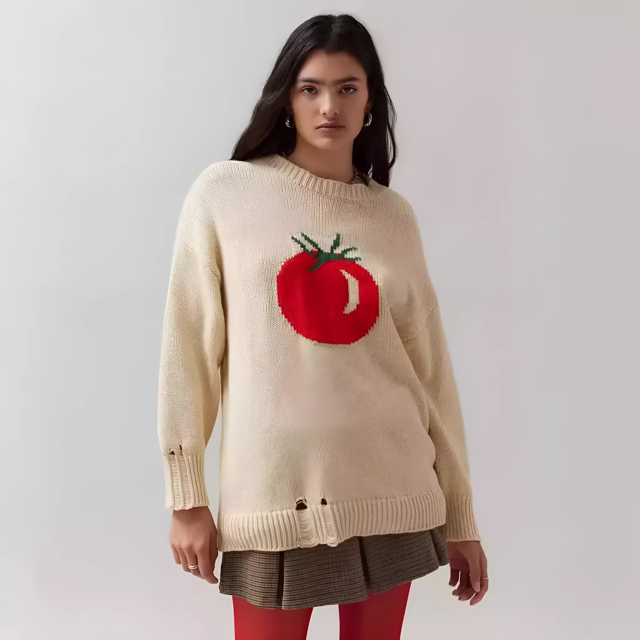 Women's milky white acrylic jacquard knit pullover sweater with a round neck and long sleeves.