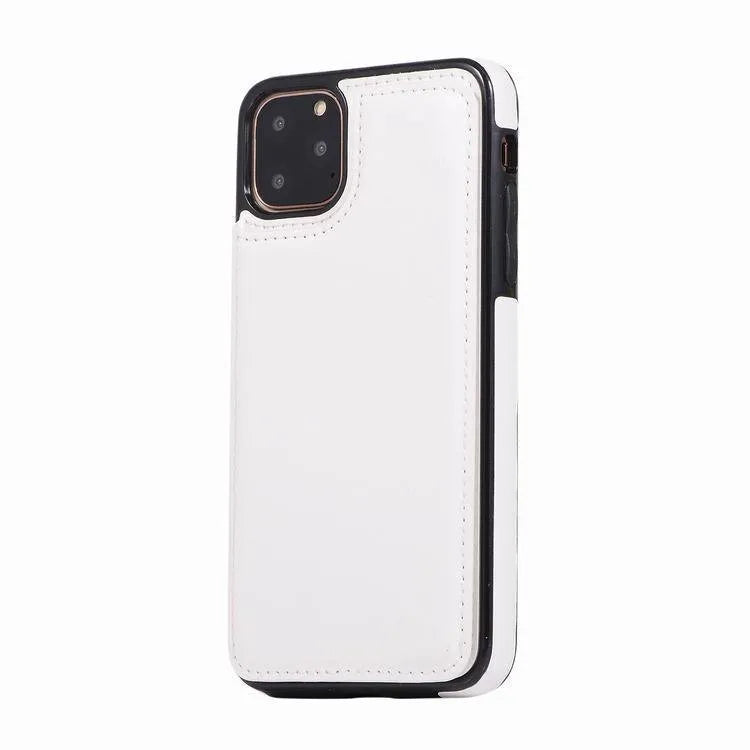 Brown Crazy Horse pattern leather double buckle bracket holster case for iPhone 13 on a table