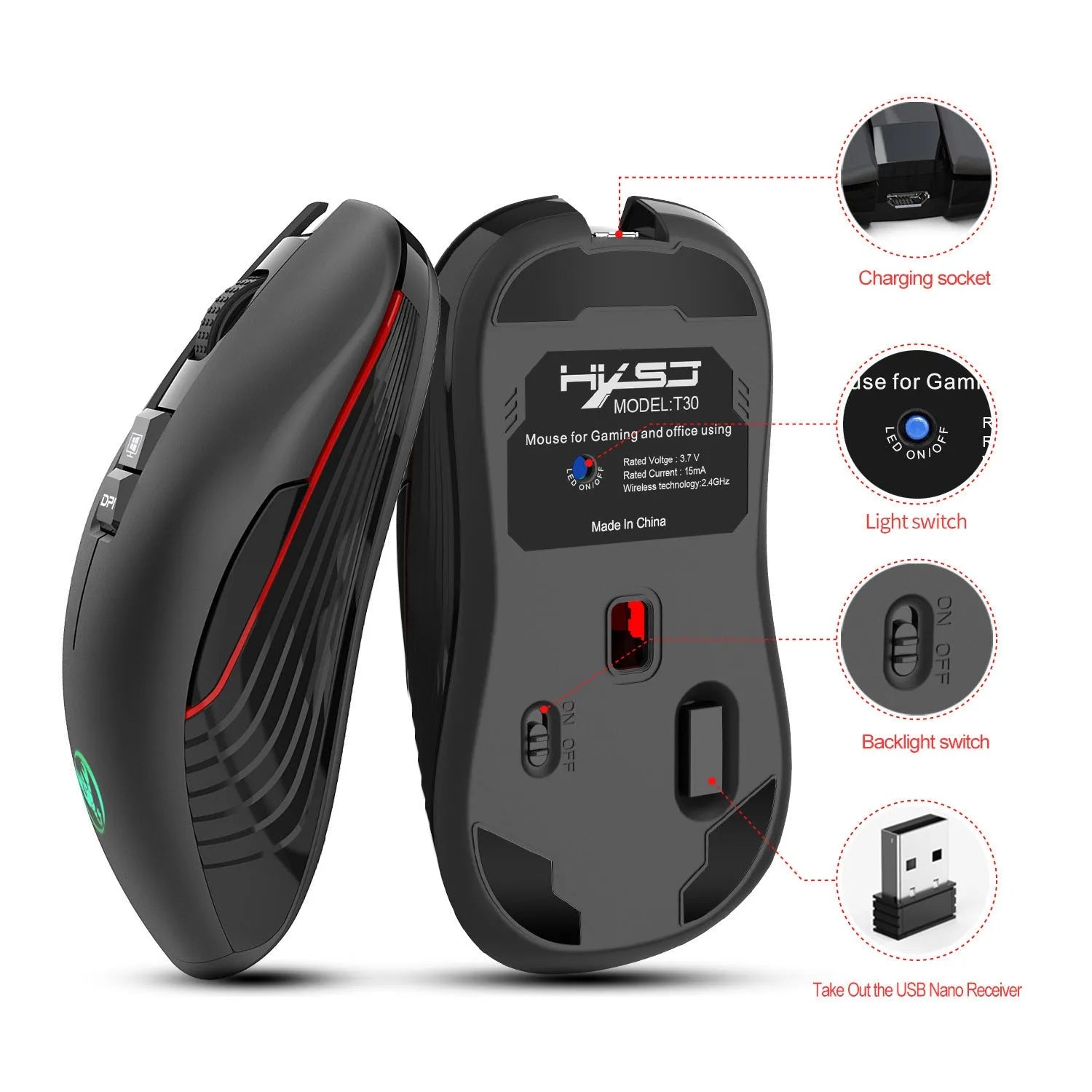 Black wireless gaming mouse with colourful breathing lights showing adjustable DPI settings and ergonomic design