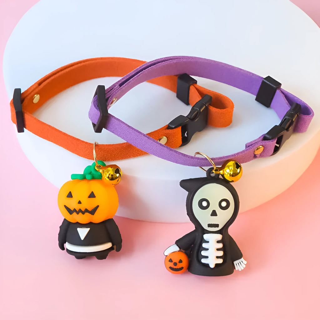 Halloween dog collar with glow-in-the-dark cartoon design in multiple sizes for pet costumes