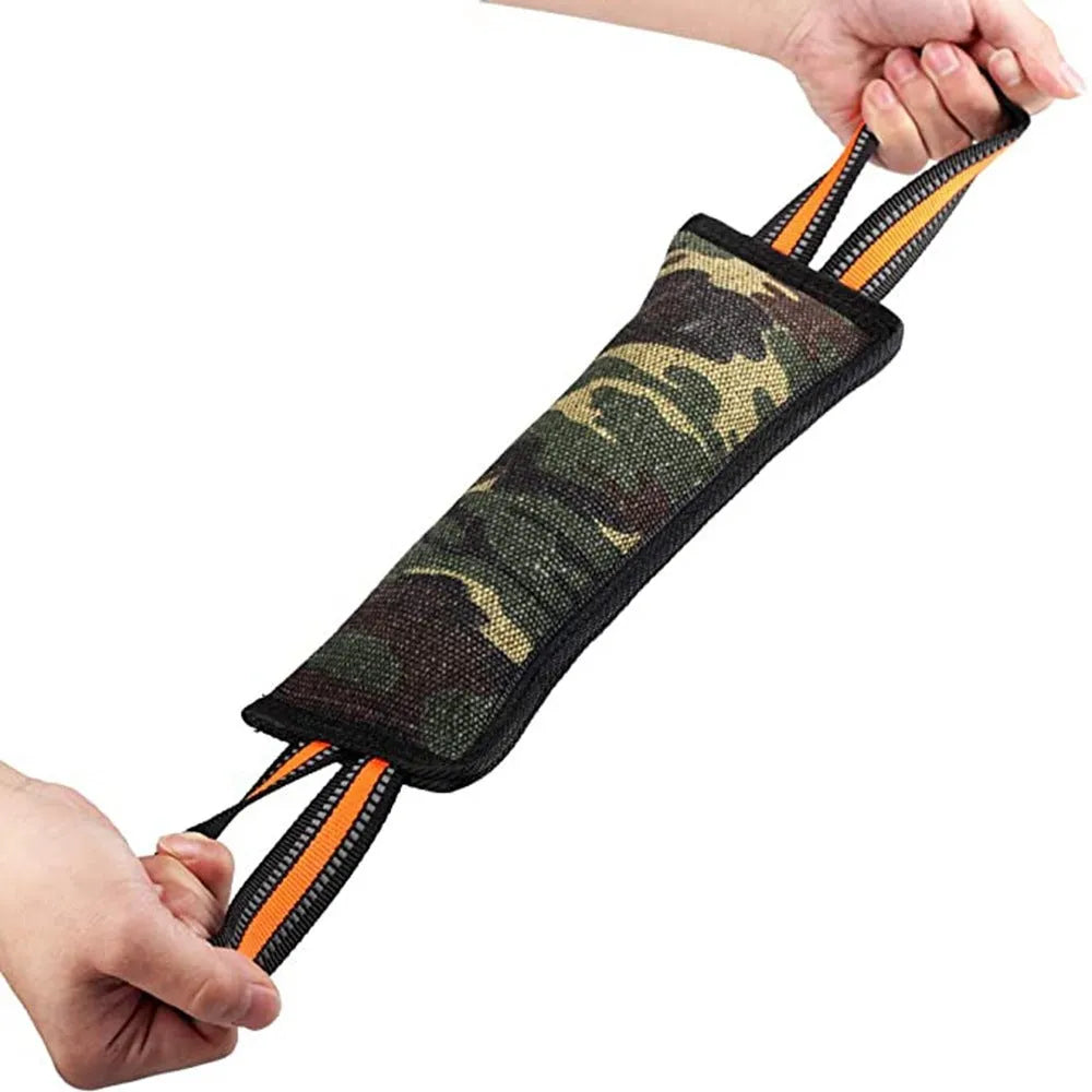 A long, yellow-edged jute dog bite stick with reflective material, measuring about 55cm in length.