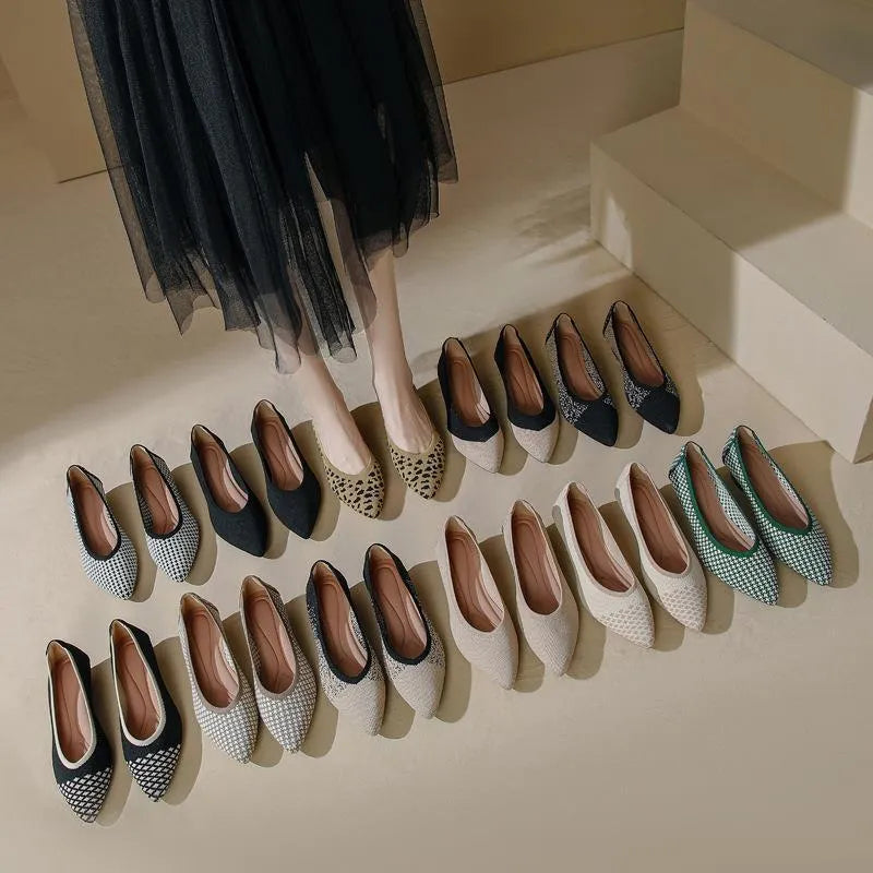 Women's pointed toe wedge pumps with flyknit mesh upper in leopard print and apricot colours