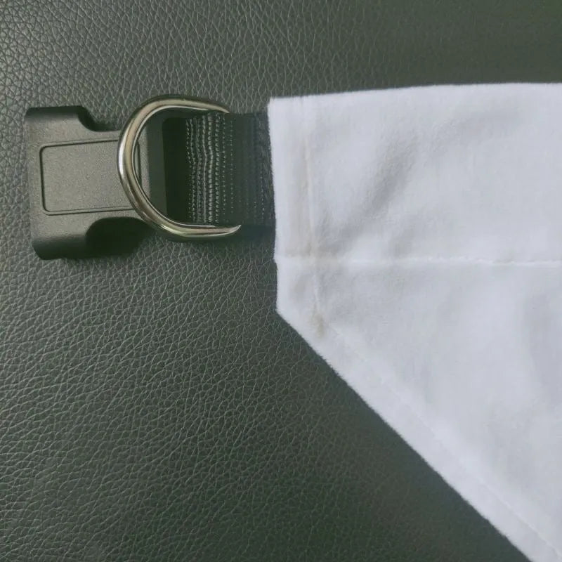 White polyester dog scarf for thermal transfer customisation in S, M, L, and XL sizes