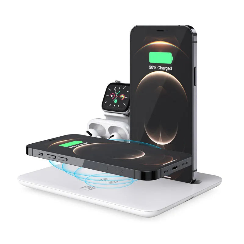Black multifunction desktop wireless charger for phone, smartwatch and headphones on a wooden desk.
