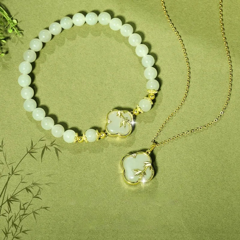 Hetian jade inlaid leaves design bracelet and necklace set in bamboo newspaper tone