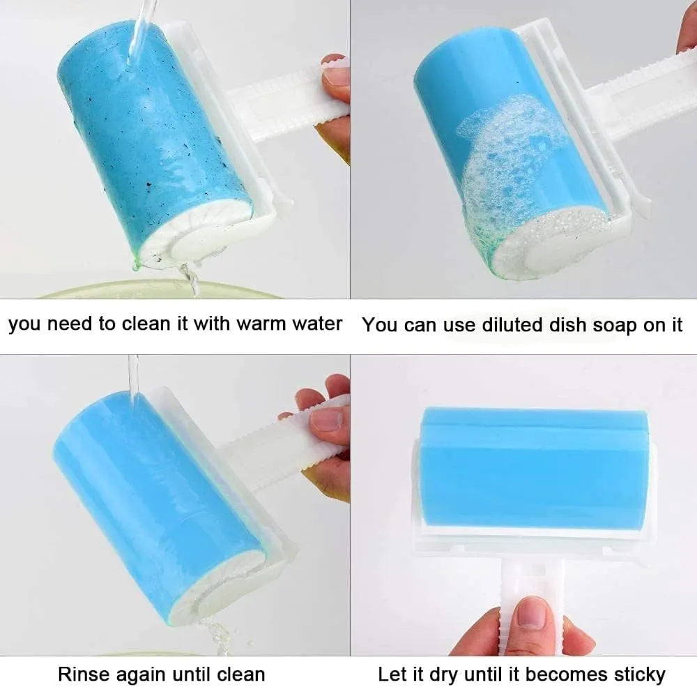 Blue washable lint roller with cover for removing pet hair from clothes and furniture