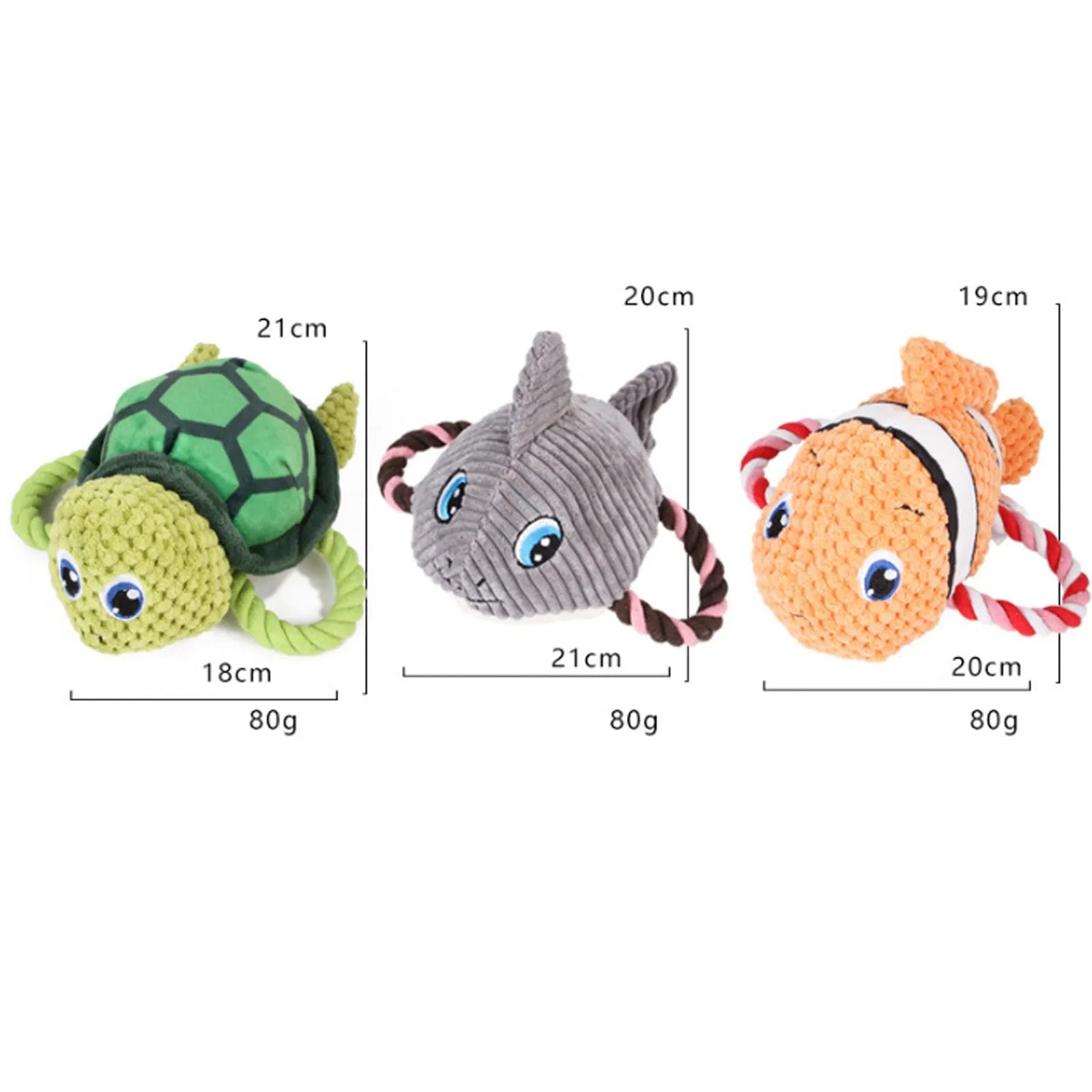 Turtle shaped plush dog chew toy with knotted rope interior in grey green and orange colour options