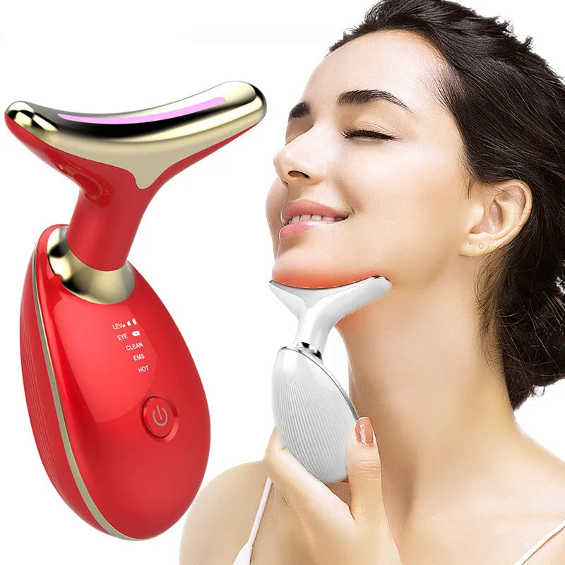 Black silver EMS thermal neck massager with LED lights on a white background.