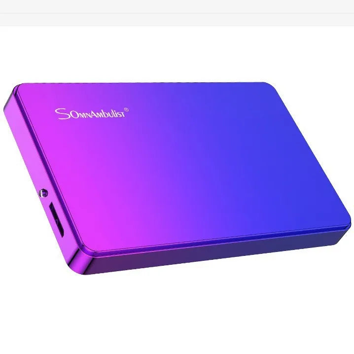Purple 1TB external mobile hard disk with plastic shell and leather bag packaging on plain background