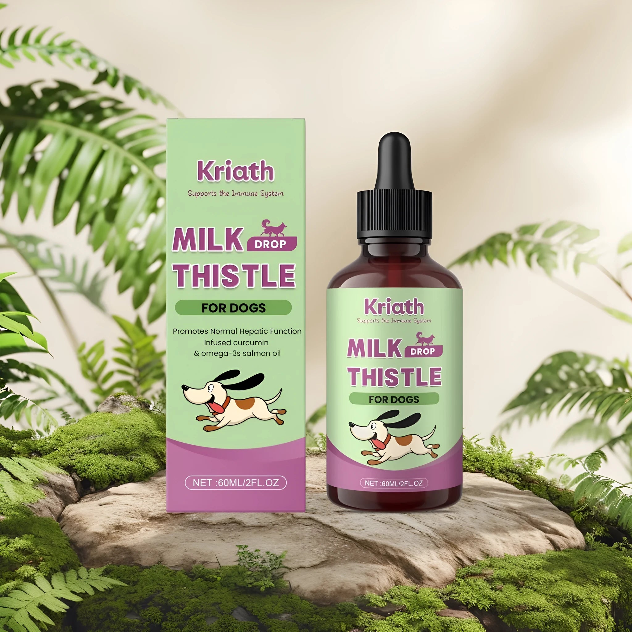 60ml bottle of dog milk thistle extract nutrient solution with turmeric and Omega-3 liquid supplement