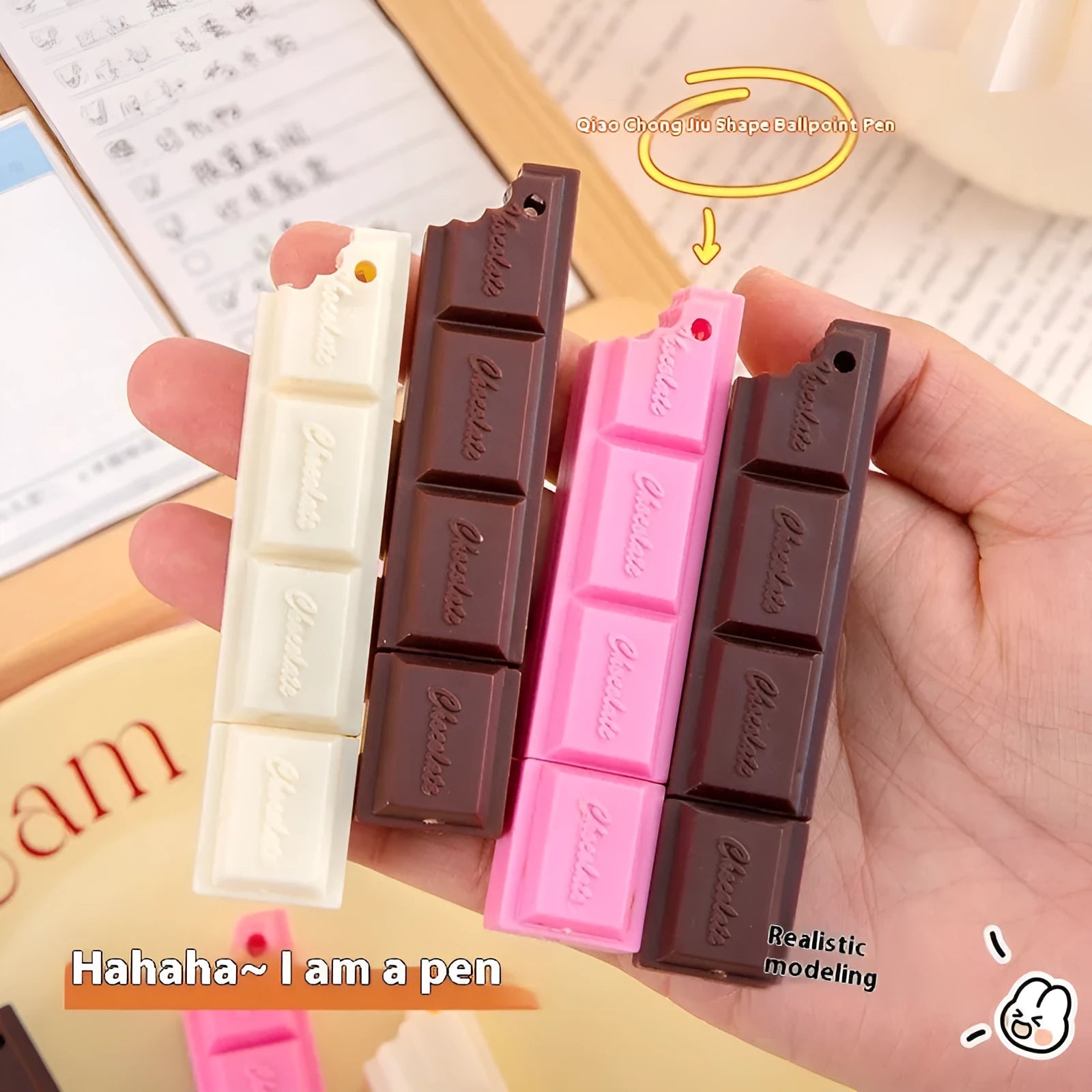 Chocolate-themed ballpoint pen with cartoon food design and 0.5mm tip in pink, beige, or brown colour