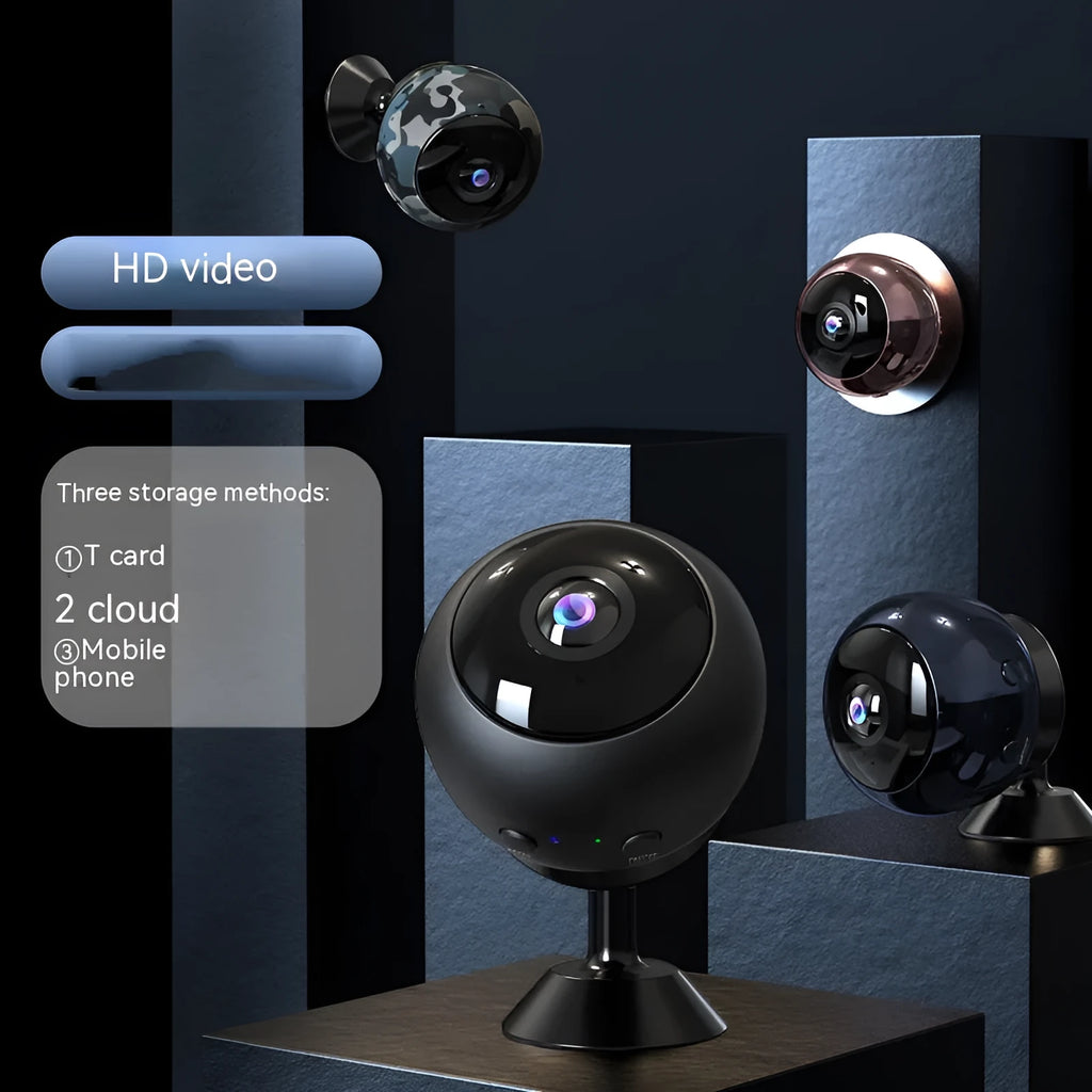 1080p wireless WIFI security camera with ABS plastic housing on a white background.