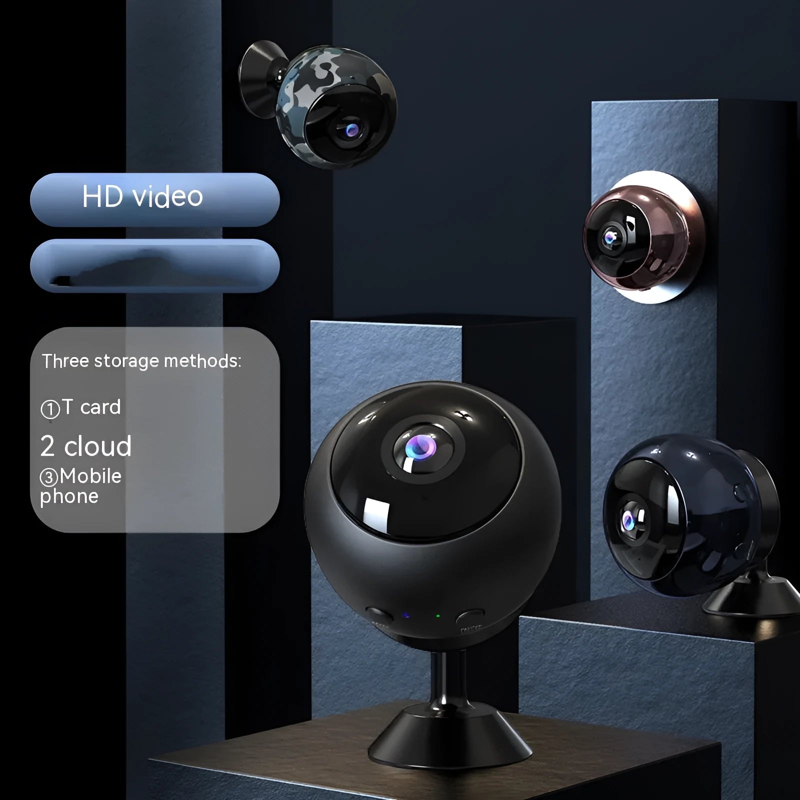1080p wireless WIFI security camera with ABS plastic housing on a white background.